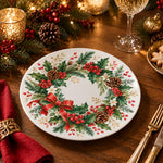 Christmas Decorative Charger Plate – Ribbon Holly Cluster decorative charger plate on a styled table.