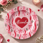 Valentine's Day Decorative Charger Plate – Ribbon Bow Pink decorative charger plate on a styled table.