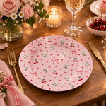 Valentine's Day Decorative Charger Plate – Cherry Blossom Bows decorative charger plate on a styled table.