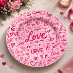 Valentine's Day Decorative Charger Plate – Love Script Hearts decorative charger plate on a styled table.