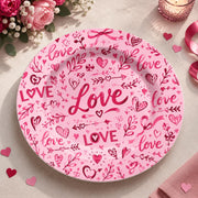 Valentine's Day Decorative Charger Plate – Love Script Hearts decorative charger plate on a styled table.