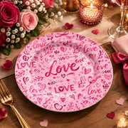 Valentine's Day Decorative Charger Plate – Love Script Hearts decorative charger plate on a styled table.