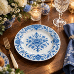 Wedding Decorative Charger Plate – Blue Damask Panel decorative charger plate on a styled table.