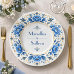 Wedding Decorative Charger Plate – Names Floral Ring decorative charger plate on a styled table.