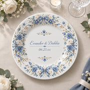 Wedding Decorative Charger Plate – Blue Rose Vines decorative charger plate on a styled table.