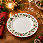 Christmas Decorative Charger Plate – Red Rim Holly Wreath decorative charger plate on a styled table.