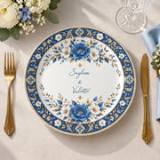 Wedding Decorative Charger Plate – Blue Floral Names decorative charger plate on a styled table.