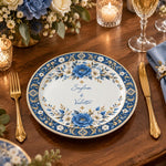 Wedding Decorative Charger Plate – Blue Floral Names decorative charger plate on a styled table.