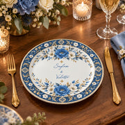 Wedding Decorative Charger Plate – Blue Floral Names decorative charger plate on a styled table.