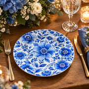 Wedding Decorative Charger Plate – Blue Floral Field decorative charger plate on a styled table.