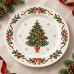 Christmas Decorative Charger Plate – Tree Ribbon Border decorative charger plate on a styled table.