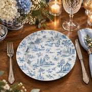 Wedding Decorative Charger Plate – Blue Toile Landscape decorative charger plate on a styled table.