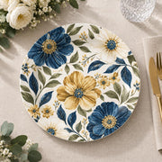 Wedding Decorative Charger Plate – Blue Gold Folk Bloom decorative charger plate on a styled table.
