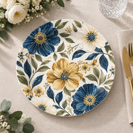 Wedding Decorative Charger Plate – Blue Gold Folk Bloom decorative charger plate on a styled table.