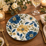 Wedding Decorative Charger Plate – Blue Gold Folk Bloom decorative charger plate on a styled table.