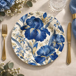 Wedding Decorative Charger Plate – Blue Gold Grand Bloom decorative charger plate on a styled table.