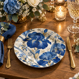 Wedding Decorative Charger Plate – Blue Gold Grand Bloom decorative charger plate on a styled table.