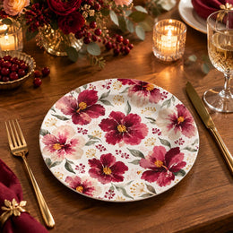 Wedding Decorative Charger Plate – Pink Red Bloom Border decorative charger plate on a styled table.