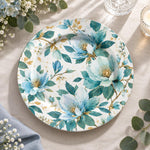 Wedding Decorative Charger Plate – Pale Blue Teal Bloom decorative charger plate on a styled table.