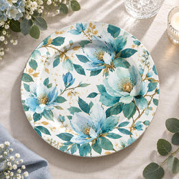 Wedding Decorative Charger Plate – Pale Blue Teal Bloom decorative charger plate on a styled table.