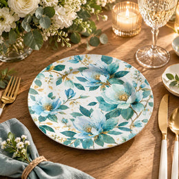 Wedding Decorative Charger Plate – Pale Blue Teal Bloom decorative charger plate on a styled table.