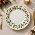 Christmas Decorative Charger Plate – Gold Holly Wreath decorative charger plate on a styled table.