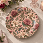 Daily Decorative Charger Plate – Dense Pink Rose Bloom decorative charger plate on a styled table.