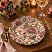 Daily Decorative Charger Plate – Dense Pink Rose Bloom decorative charger plate on a styled table.