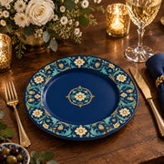 Daily Decorative Charger Plate – Navy Gold Floral Medallion decorative charger plate on a styled table.