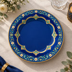 Daily Decorative Charger Plate – Blue Gold Medallion Outline decorative charger plate on a styled table.