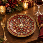 Daily Decorative Charger Plate – Burgundy Gold Symmetry decorative charger plate on a styled table.
