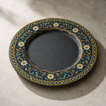 Daily Decorative Charger Plate – Navy Gold Border Scroll decorative charger plate on a styled table.