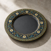 Daily Decorative Charger Plate – Navy Gold Border Scroll decorative charger plate on a styled table.