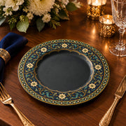 Daily Decorative Charger Plate – Navy Gold Border Scroll decorative charger plate on a styled table.