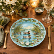 Daily Decorative Charger Plate – Ducks Lilies Blue decorative charger plate on a styled table.
