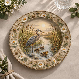Daily Decorative Charger Plate – Grey Heron in Reeds decorative charger plate on a styled table.