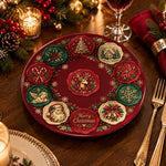 Christmas Decorative Charger Plate – Burgundy Roundel Grid decorative charger plate on a styled table.
