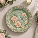 Daily Decorative Charger Plate – Green Pink Bird Bloom decorative charger plate on a styled table.