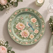 Daily Decorative Charger Plate – Green Pink Bird Bloom decorative charger plate on a styled table.