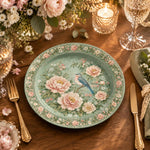 Daily Decorative Charger Plate – Green Pink Bird Bloom decorative charger plate on a styled table.