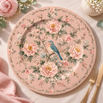 Daily Decorative Charger Plate – Pink Bluebird Roses decorative charger plate on a styled table.