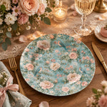 Daily Decorative Charger Plate – Pale Blue Rose Allover decorative charger plate on a styled table.