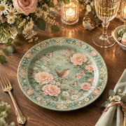 Daily Decorative Charger Plate – Green Rose Pink Bloom decorative charger plate on a styled table.
