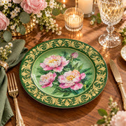 Daily Decorative Charger Plate – Green Peony Gold Border decorative charger plate on a styled table.