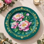 Daily Decorative Charger Plate – Teal Peony Gold Border decorative charger plate on a styled table.