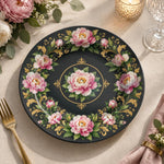 Daily Decorative Charger Plate – Black Peony Gold Trim decorative charger plate on a styled table.