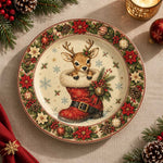 Christmas Decorative Charger Plate – Reindeer in Boot decorative charger plate on a styled table.