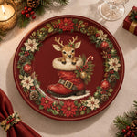 Christmas Decorative Charger Plate – Boot Reindeer Medallion decorative charger plate on a styled table.