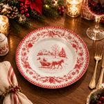 Christmas Decorative Charger Plate – Toile Reindeer Sleigh decorative charger plate on a styled table.