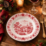 Christmas Decorative Charger Plate – Toile Winter Village decorative charger plate on a styled table.